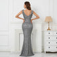 YIDINGZS Women Deep V Neck Grey Sequin Evening Dress Sexy Party Maxi Dress