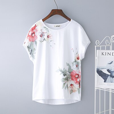 Tshirt Tops Women&#39;s Summer Cotton Loose Short Sleeve Tees Female White Printing Tshirt Basic Large Size Loose Bat Sleeve M 4XL