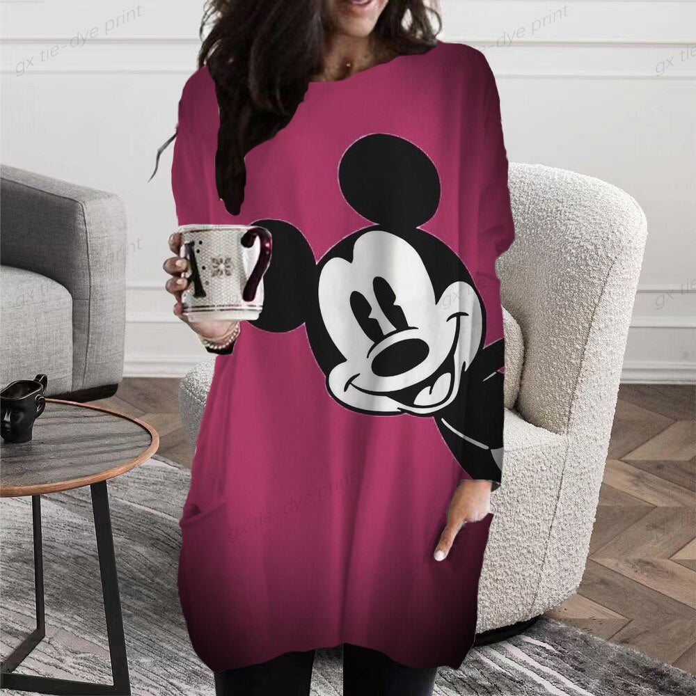 Disney Minnie Mickey Mouse Print Long T shirts Autumn Women Loose Pocket Femme Tops Cartoon Tshirt Long sleeve Ladies t-shirt