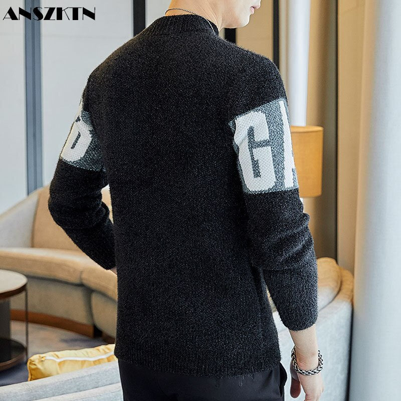 ANSZKTN Men's autumnn winter half high collar long sleeve knit bottom thickened thread  anime sweater pull homme pullover