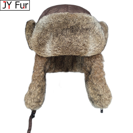 New Russia Winter Real fur Hat Men Outdoor Windproof Super Warm Real Rabbit Fur Bomber Hats Natural Soft Natural Rabbit Fur Caps