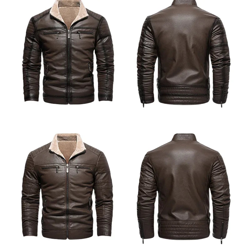 Winter Fleece Men's Leather Jacket Warm Vintage Solid Thicken Motorcycles Coat Autumn Male Windproof Jackets Outerwear