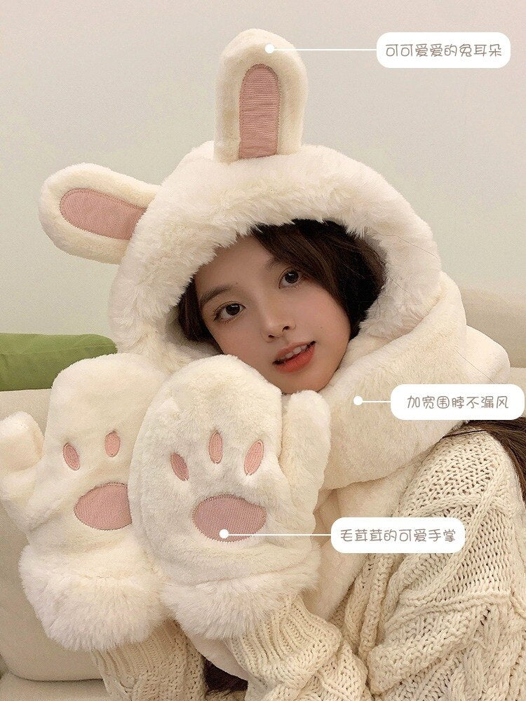 Rabbit Ear Hat, Scarf, Glove, One Piece Women's Winter Three Piece Set, Korean Version Cute Plush Warm Ear Protection Neck