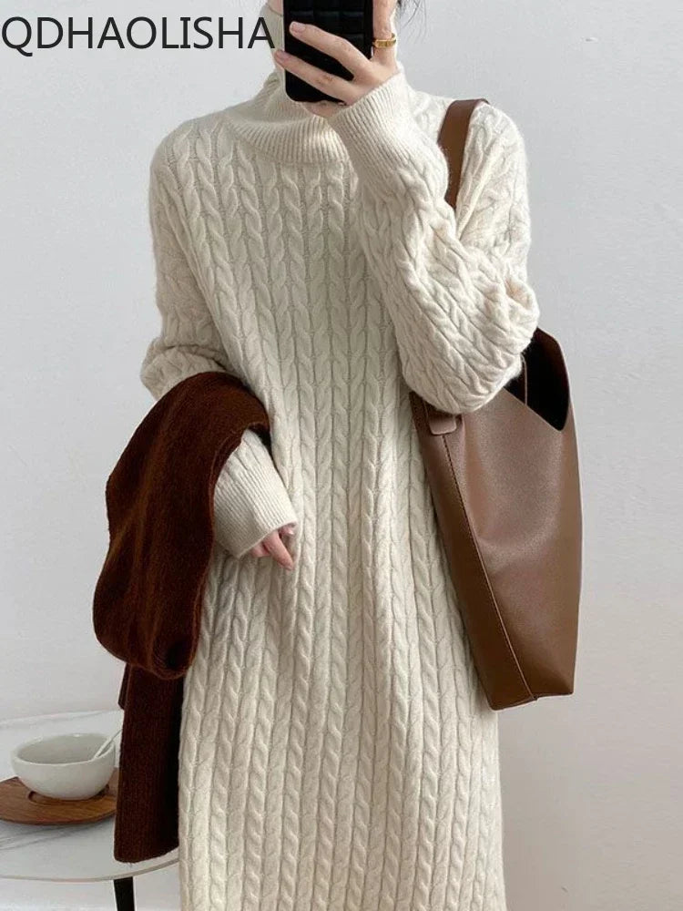 Winter Women's Sweater Dresses Korean Version Casual Commuter High Collar Loose Thickened Warm Pullover Long Dress Women Clothes