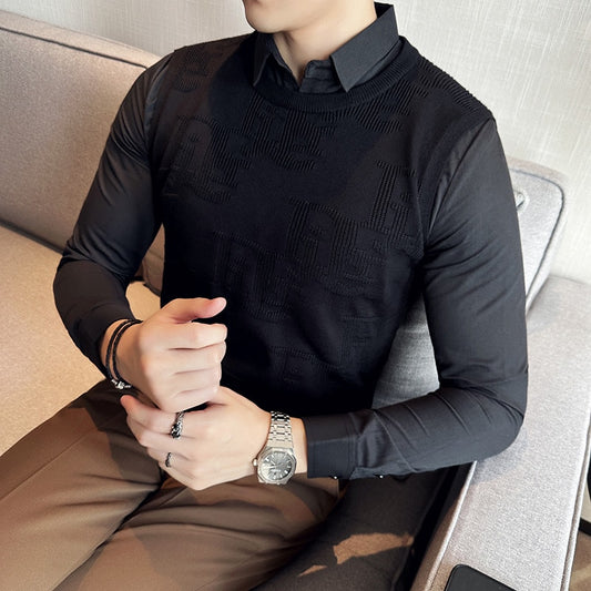 Fashion Spliced Design Fake-2Pieces Sweaters For Men Clothing Business Casual Slim Fit Pull Homme Formal Wear Pullovers Black