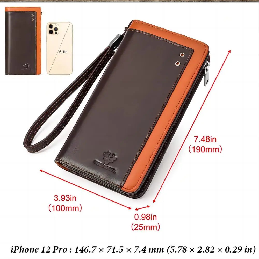 Retro business wallet, top leather long wallet, large capacity zipper, RFID anti-theft brush, genuine leather men's handbag