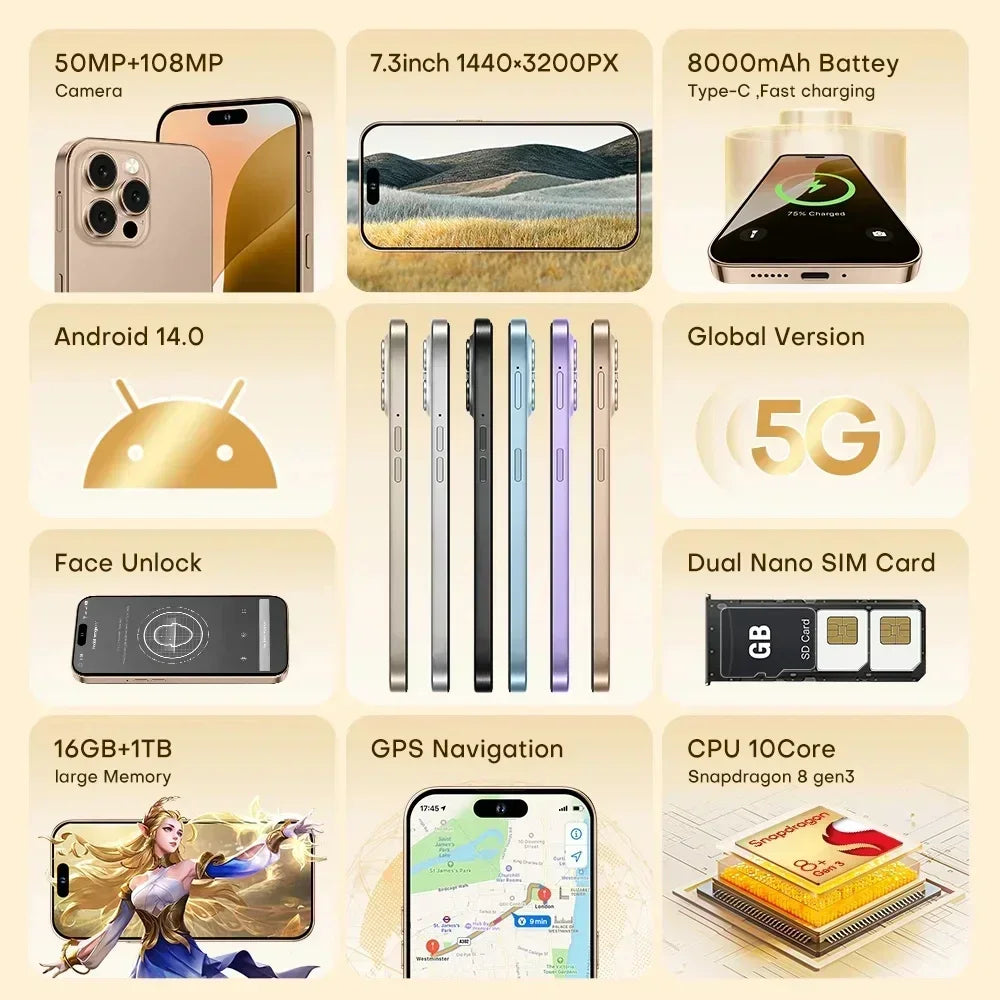 2025 Smartphone 22GB + 2TB pour 7.3 pouces I16 Pro Max plein écran 4G 5G téléphone portable 8000mAh téléphones mobiles Version mondiale