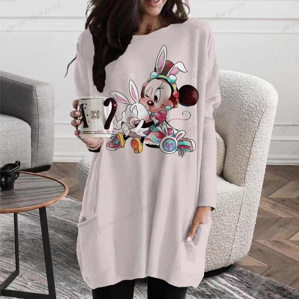 Disney Minnie Mickey Mouse Print Long T shirts Autumn Women Loose Pocket Femme Tops Cartoon Tshirt Long sleeve Ladies t-shirt