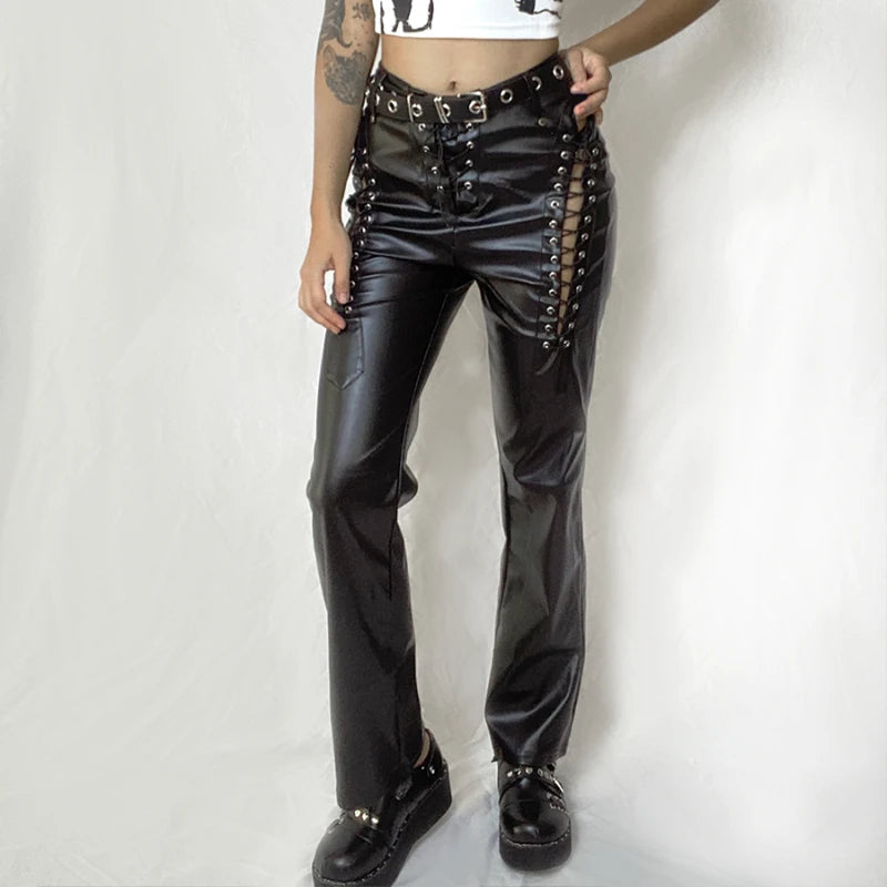 Japonais Punk foncé classique polyvalent bretelles en cuir sangles droites mince et mince pantalon en cuir décontracté pour les femmes