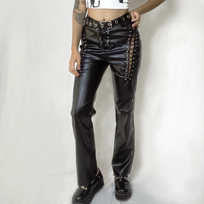 Japonais Punk foncé classique polyvalent bretelles en cuir sangles droites mince et mince pantalon en cuir décontracté pour les femmes