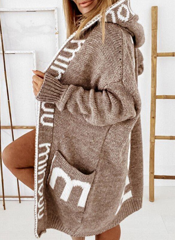 Women's Knitted Cardigan Sweater Letter Jacquard Winter Loose Hooded Sweater Jacket Manteau Femme Hiver Oversized  Warm Coat