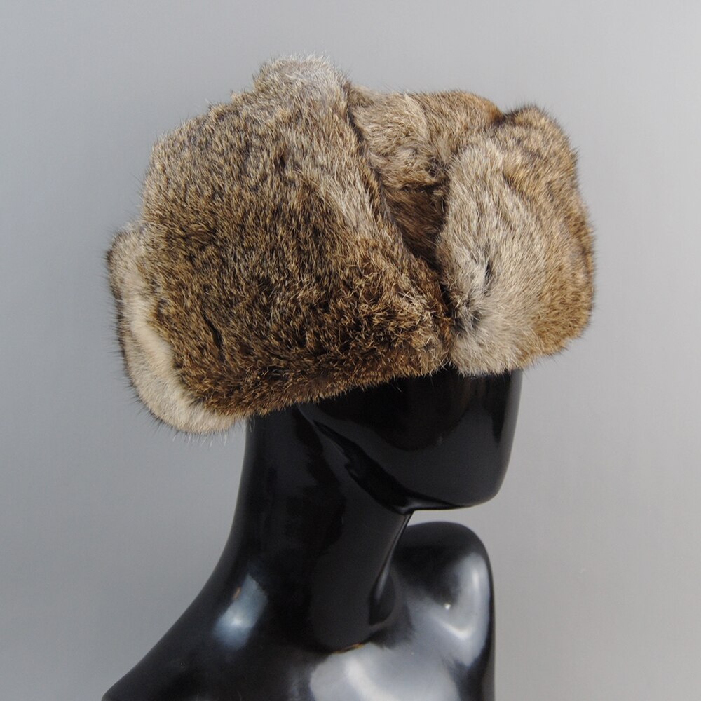 Men's Caps Warm Natural Rabbit Fur Bomber Hat With Earflaps Winter Hot Sale Unisex Warm Russian Ushanka Hat Real Rabbit Fur Hats