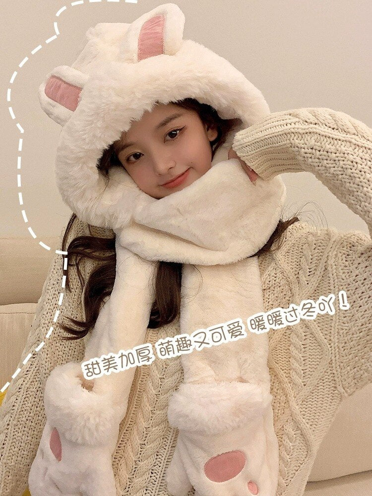 Rabbit Ear Hat, Scarf, Glove, One Piece Women's Winter Three Piece Set, Korean Version Cute Plush Warm Ear Protection Neck