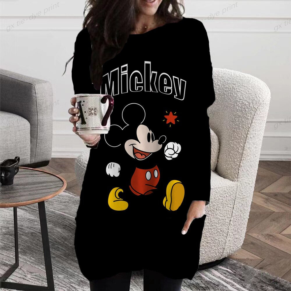 Disney Minnie Mickey Mouse Print Long T shirts Autumn Women Loose Pocket Femme Tops Cartoon Tshirt Long sleeve Ladies t-shirt