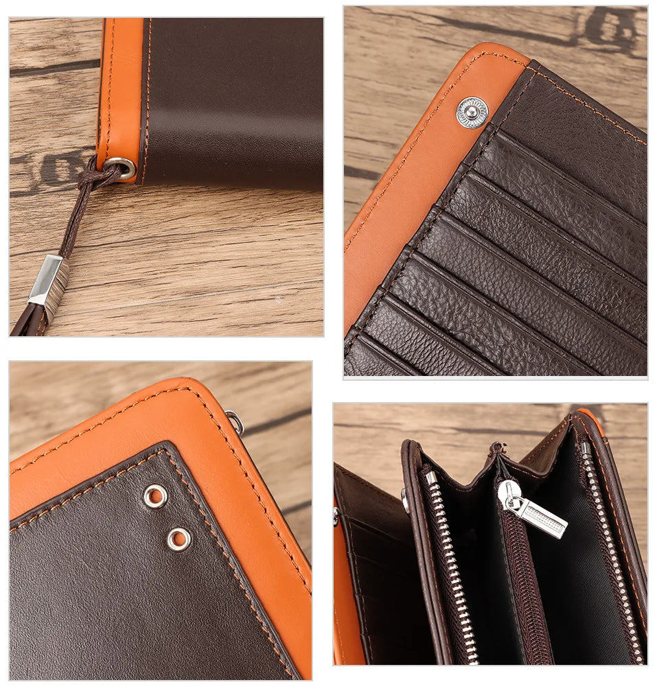 Retro business wallet, top leather long wallet, large capacity zipper, RFID anti-theft brush, genuine leather men's handbag