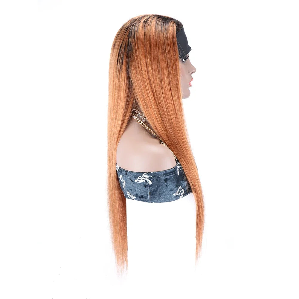 Women's Headband Wig Human Hair Brown Brazilian Remy Straight Wigs Glueless Full Machine Made Headband Human Hair Wigs for Women