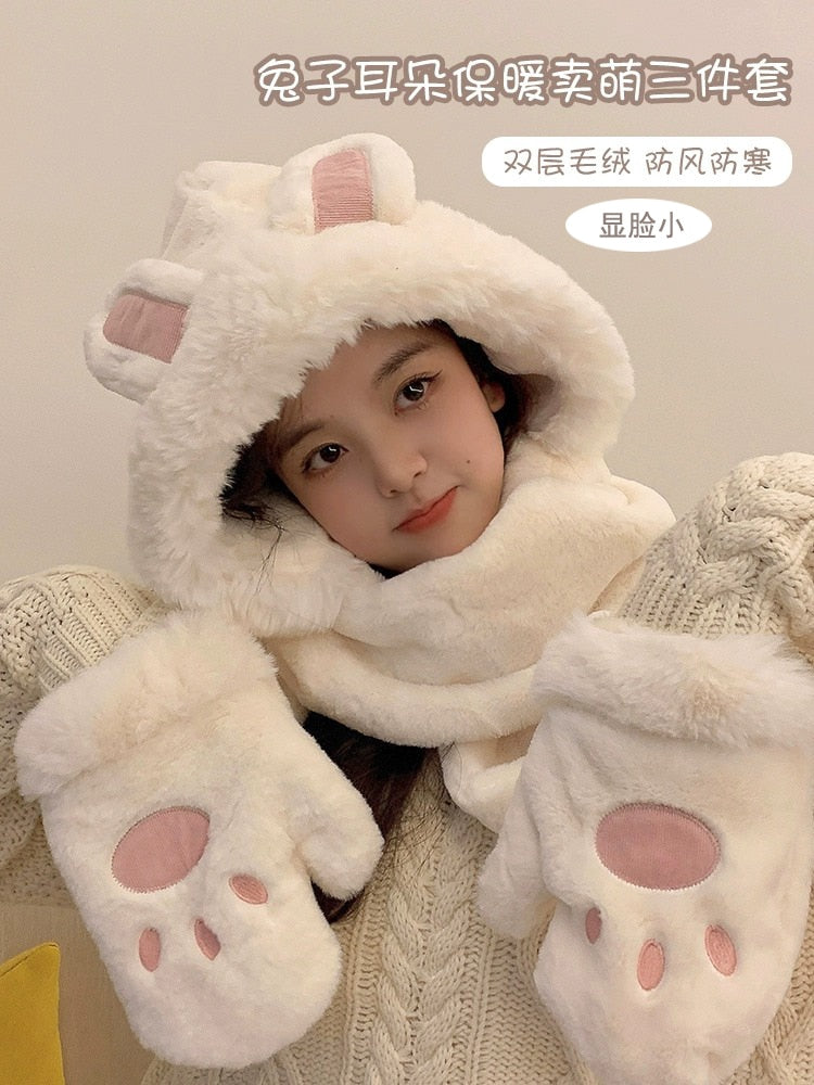 Rabbit Ear Hat, Scarf, Glove, One Piece Women's Winter Three Piece Set, Korean Version Cute Plush Warm Ear Protection Neck