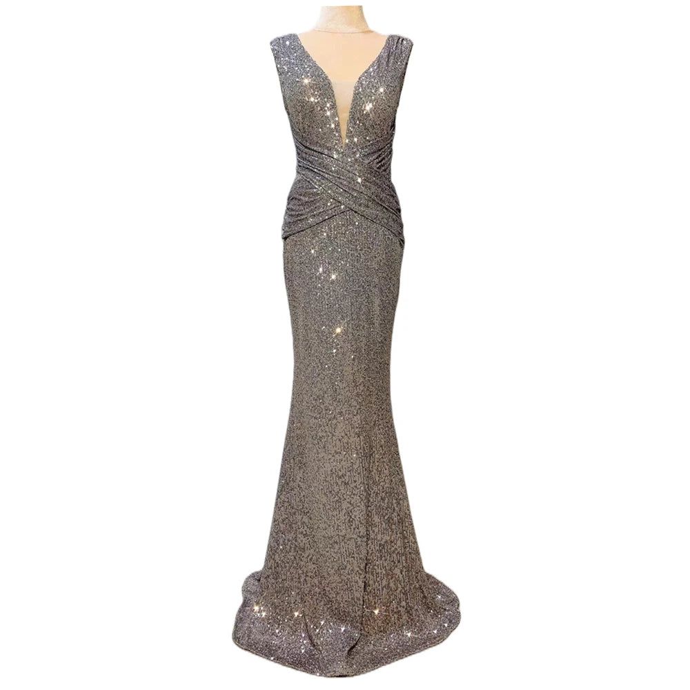 YIDINGZS Women Deep V Neck Grey Sequin Evening Dress Sexy Party Maxi Dress