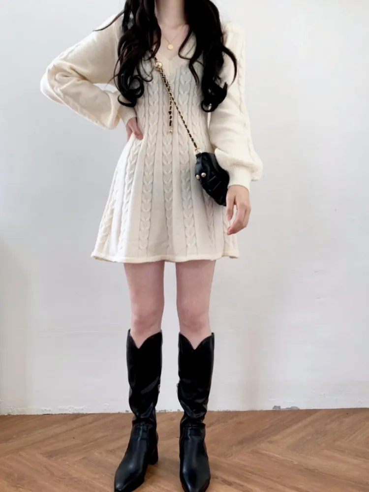 QWEEK Knit Knitted Sweater Mini Dress Women Casual Lantern Sleeve Short Dresses 2023 Autumn Winter V-neck Outfits Female