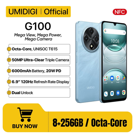 [Première mondiale] UMIDIGI G100 Smartphone Android 14 NFC 6.9 "120Hz 128GB 50MP Triple caméra 6000mAh batterie 20W charge double SIM