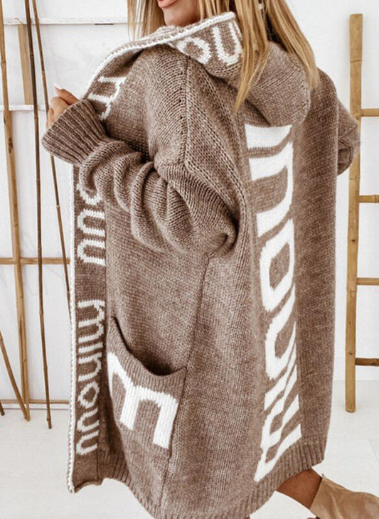 Women's Knitted Cardigan Sweater Letter Jacquard Winter Loose Hooded Sweater Jacket Manteau Femme Hiver Oversized  Warm Coat