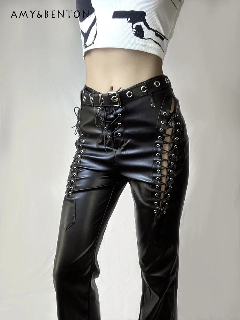 Japonais Punk foncé classique polyvalent bretelles en cuir sangles droites mince et mince pantalon en cuir décontracté pour les femmes