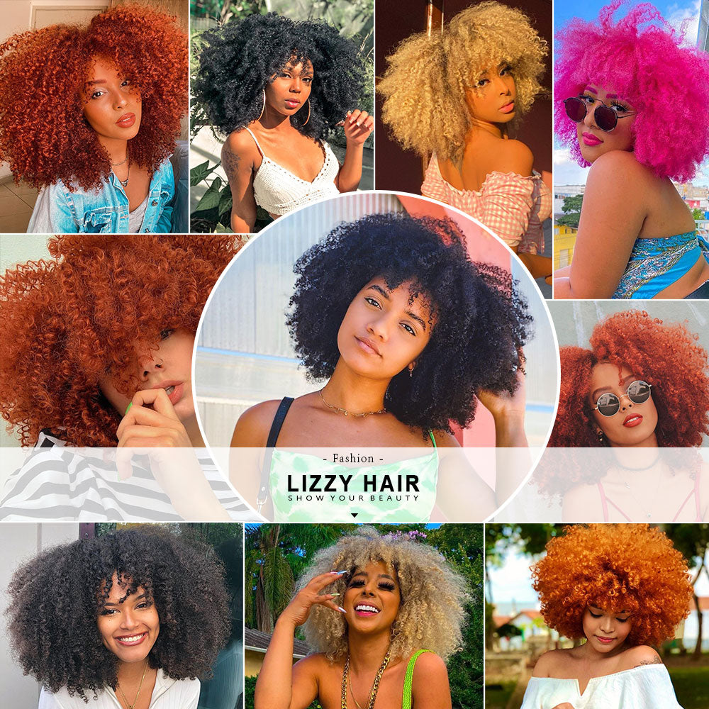 LIZZY Short Afro Kinky Curly Wigs With Bangs For Black Women African Synthetic Ombre Brown Cosplay Wig High Temperature Glueless