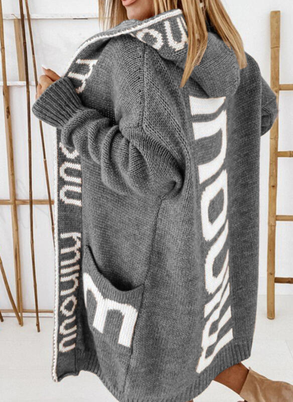 Women's Knitted Cardigan Sweater Letter Jacquard Winter Loose Hooded Sweater Jacket Manteau Femme Hiver Oversized  Warm Coat