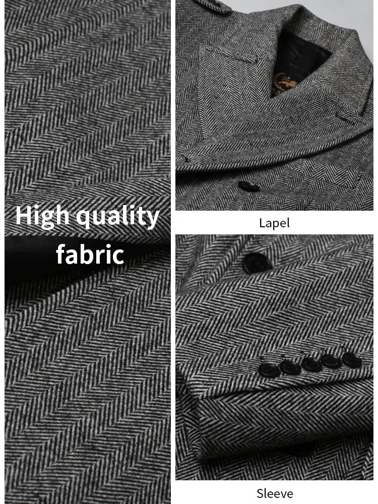 Classic herringbone pattern ultra long wool coat for men with double breasted British fashion thickened down jacket for men