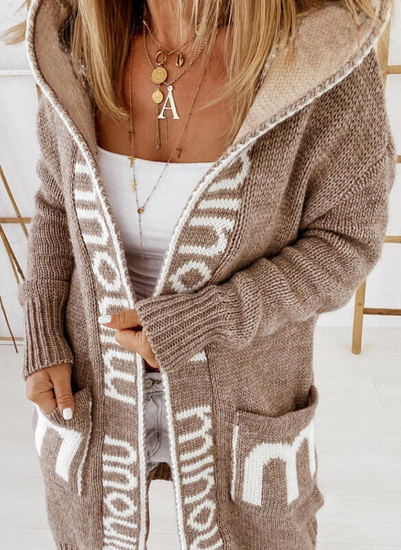 Women's Knitted Cardigan Sweater Letter Jacquard Winter Loose Hooded Sweater Jacket Manteau Femme Hiver Oversized  Warm Coat