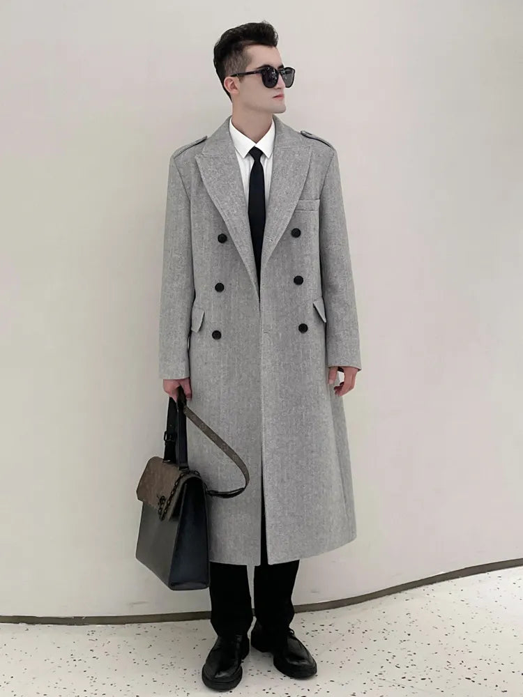 Classic herringbone pattern ultra long wool coat for men with double breasted British fashion thickened down jacket for men