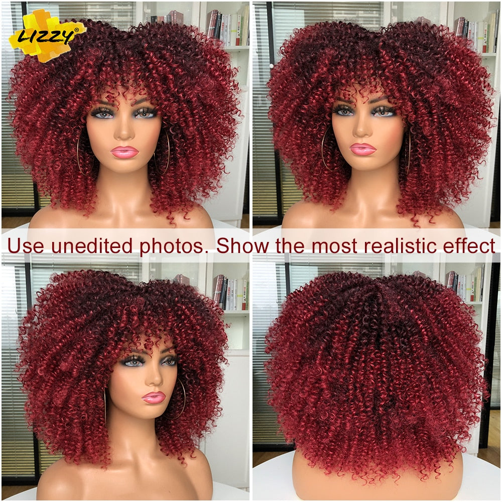 LIZZY Short Afro Kinky Curly Wigs With Bangs For Black Women African Synthetic Ombre Brown Cosplay Wig High Temperature Glueless