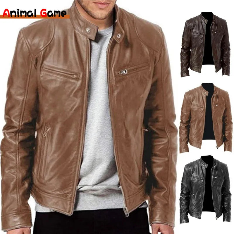 Mens Fashion Leather Jacket Slim Fit Stand Collar PU Jacket Male Anti-wind Motorcycle Lapel Diagonal Zipper Jackets Men