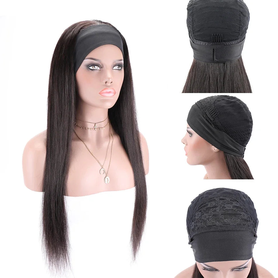 Women's Headband Wig Straight Human Hair Glueless Brazilian Remy Headbands Wigs for Black Women Long Full Machine Straight Wig