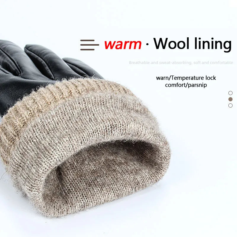 Winter Sheepskin Warm Outdoor Sports Driving Leather Gloves Premium Sense Men Plus Fleece Windproof Comfort Soft