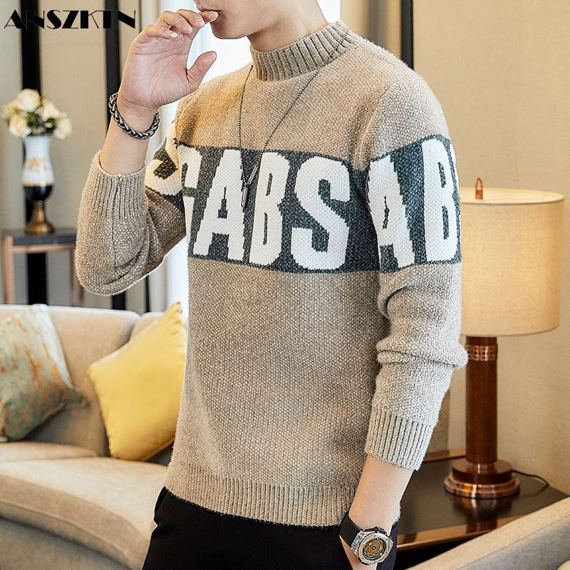 ANSZKTN Men's autumnn winter half high collar long sleeve knit bottom thickened thread  anime sweater pull homme pullover