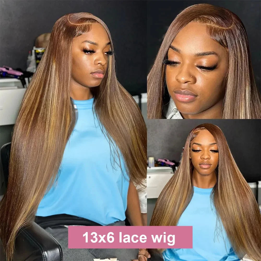 200 Density 427 Highlight Ombre Bone Straight Honey Blonde Colored Wigs 13x4 Transparent Lace Front Human Hair Wigs 36 Inches