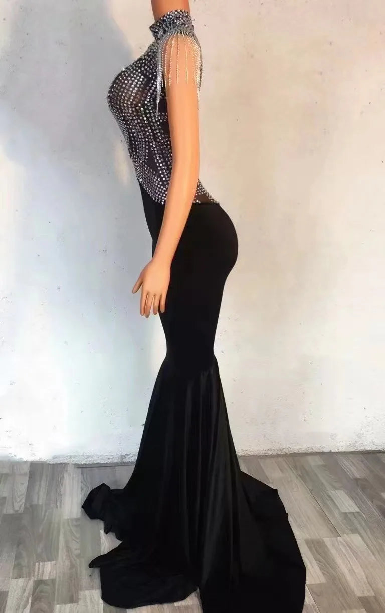 Silver Rhinestone Chain Fringes Black Velvet Long Train Dress Birthday Celebrate Costume Women Dancer Evening Party Dress