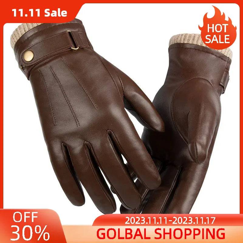 Winter Sheepskin Warm Outdoor Sports Driving Leather Gloves Premium Sense Men Plus Fleece Windproof Comfort Soft