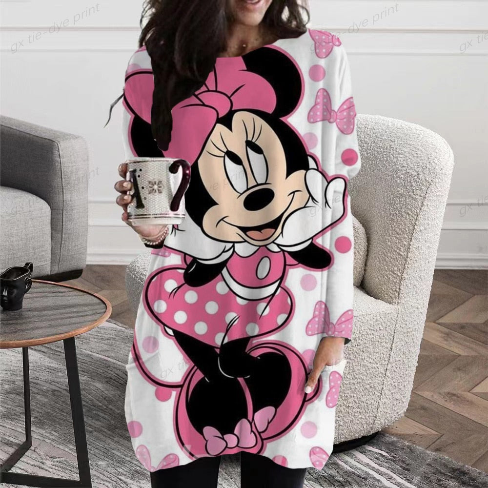 Disney Minnie Mickey Mouse Print Long T shirts Autumn Women Loose Pocket Femme Tops Cartoon Tshirt Long sleeve Ladies t-shirt