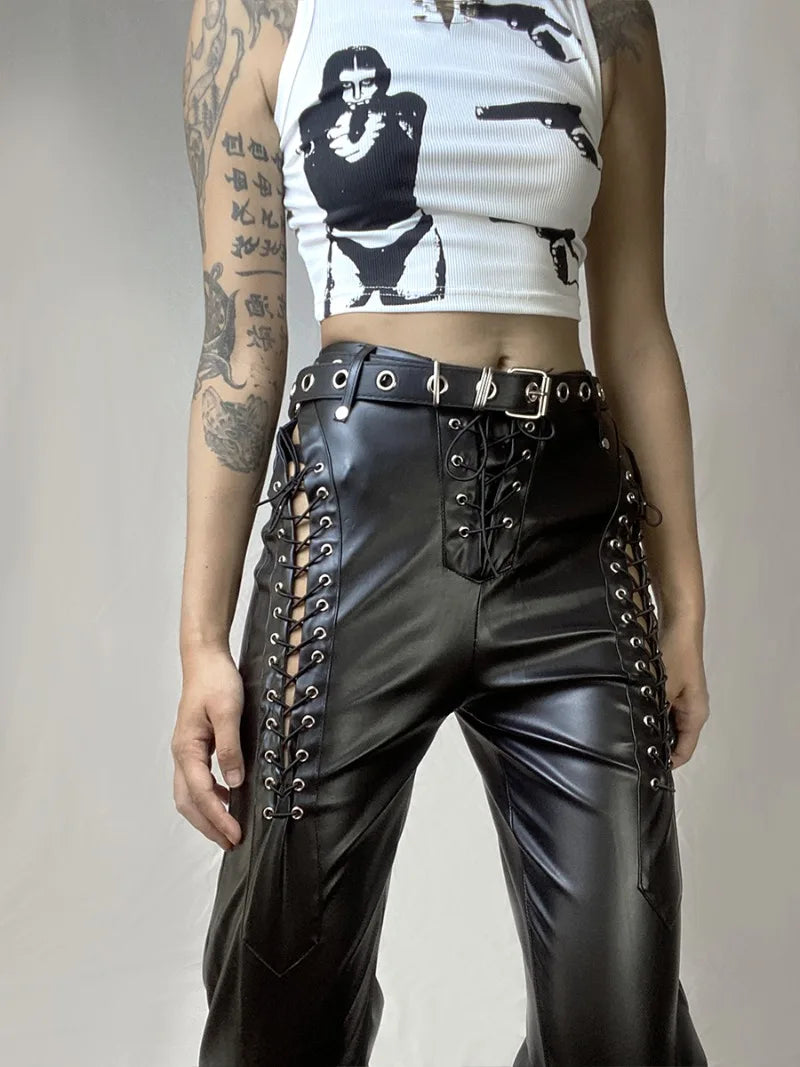 Japonais Punk foncé classique polyvalent bretelles en cuir sangles droites mince et mince pantalon en cuir décontracté pour les femmes