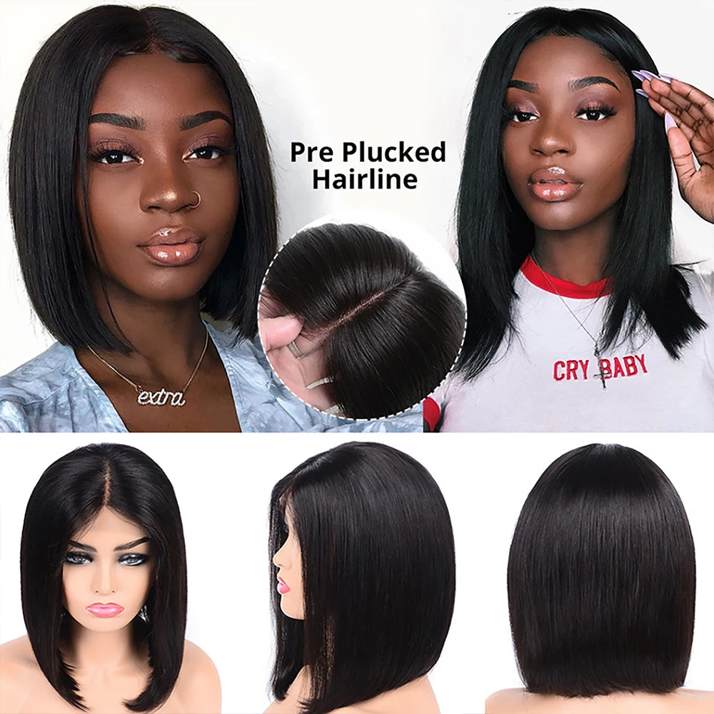 Short 4x4 Closure Wig Bob Style Brazilian Hair Burmese Hair Straight Wig 150% Density Comfortable With Bleached Knots Women's