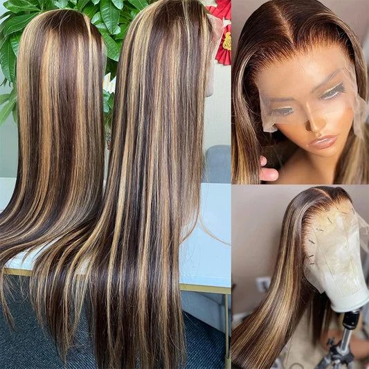 200 Density 427 Highlight Ombre Bone Straight Honey Blonde Colored Wigs 13x4 Transparent Lace Front Human Hair Wigs 36 Inches