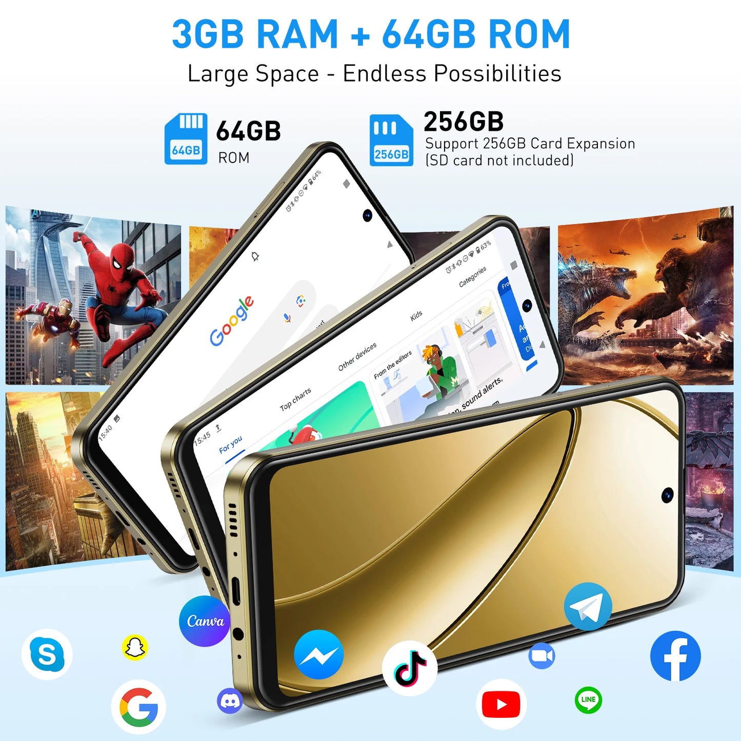 XGODY Smartphone 4G avec écran HD de 6,5 pouces, ROM 3 + 64 Go, 4250 mAh, 13 MP, téléphones mobiles Quad Core double SIM, visage débloqué