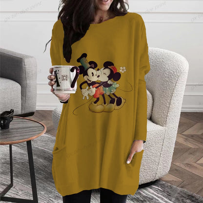 Disney Minnie Mickey Mouse Print Long T shirts Autumn Women Loose Pocket Femme Tops Cartoon Tshirt Long sleeve Ladies t-shirt