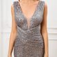 YIDINGZS Women Deep V Neck Grey Sequin Evening Dress Sexy Party Maxi Dress