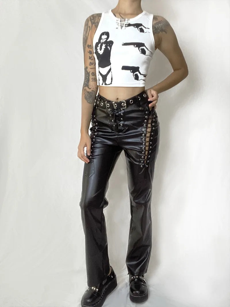 Japonais Punk foncé classique polyvalent bretelles en cuir sangles droites mince et mince pantalon en cuir décontracté pour les femmes
