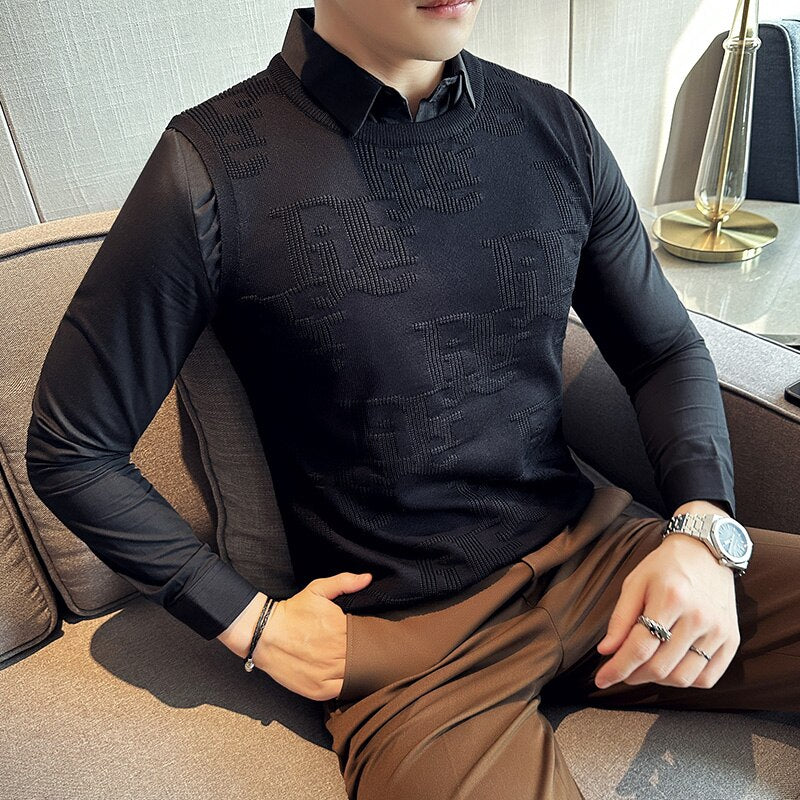 Fashion Spliced Design Fake-2Pieces Sweaters For Men Clothing Business Casual Slim Fit Pull Homme Formal Wear Pullovers Black