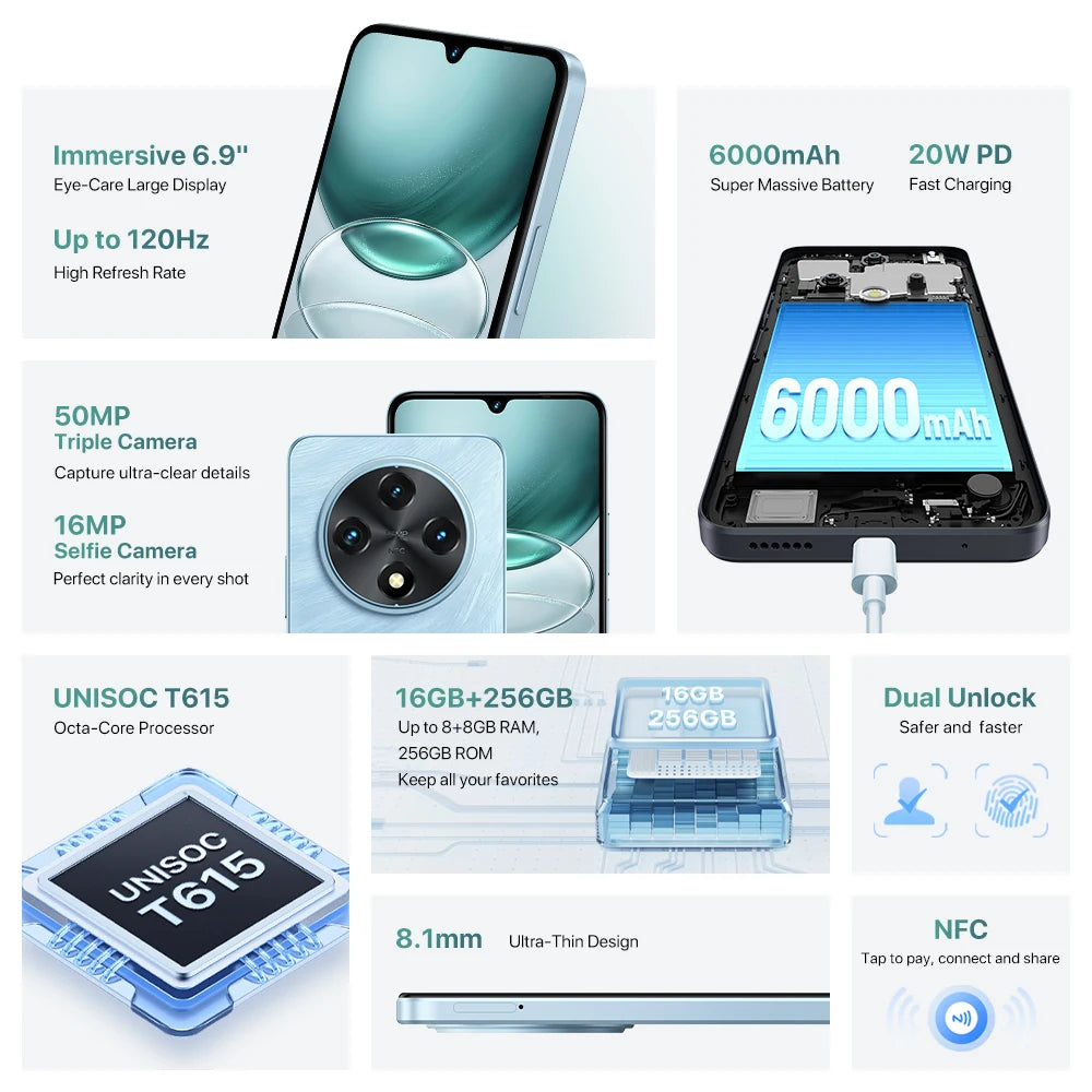 [Première mondiale] UMIDIGI G100 Smartphone Android 14 NFC 6.9 "120Hz 128GB 50MP Triple caméra 6000mAh batterie 20W charge double SIM