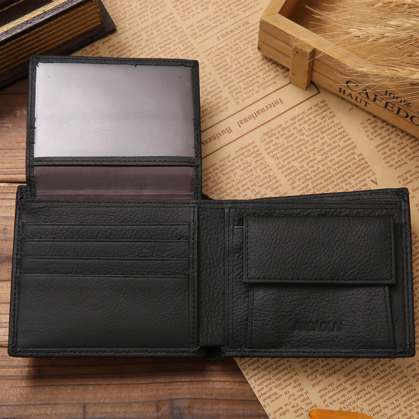 Genuine Leather Mens Wallet Premium Product Real Cowhide Wallets For Man Short Black Walet Portefeuille Homme Short Purses